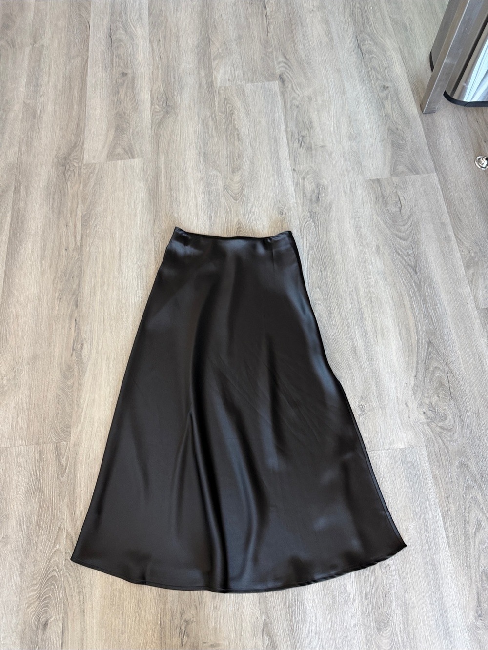 Commense Black Satin A-Line Midi Skirt